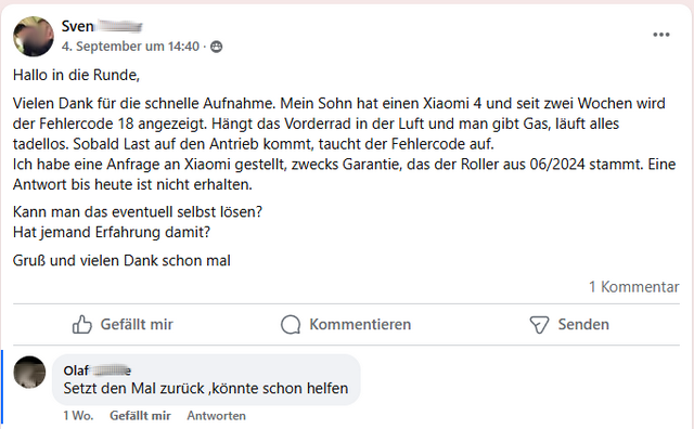 Xiaomi eScooter Fehlercode 18